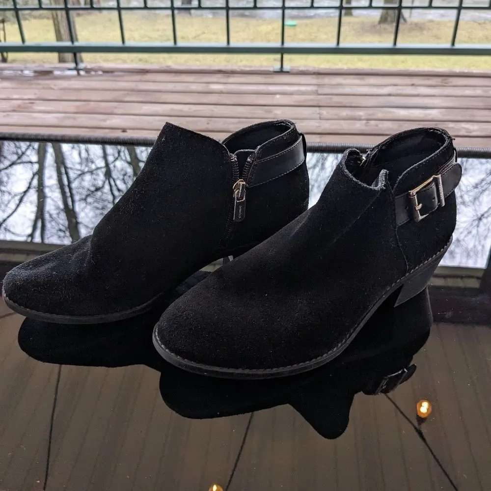 Vionic Millie Boots Women's sz 6 Black Suede Ankle Booties Silver Buckle Cowgirl